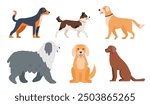Set of different Dogs. Cute happy pets. Domestic animals for home. Dog icons Vector illustration isolated on white background.