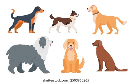 Conjunto de diferentes perros. Lindas mascotas felices. Animales domésticos para el hogar. Ilustración vectorial de iconos de perro aislado sobre fondo blanco.