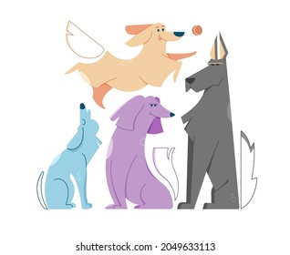 Set of different dogs in different poses sits, howls sadly, plays with a ball. Landing page concept. Colorful stylish pets. Vector flat illustration with animals.