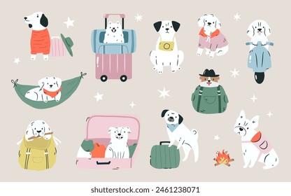 Set of different dogs ready for travelling, adventures. Hand drawn illustrations of pets in different poses, actions. Vacation, journey vibe.