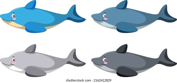 Conjunto de diferentes delfines en ilustración de estilo de dibujos animados