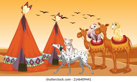 Set of different domestic animals in desert illustration