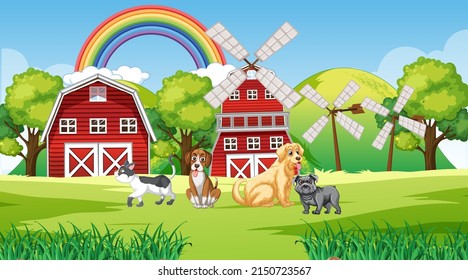 Set of different domestic animals in farm illustration