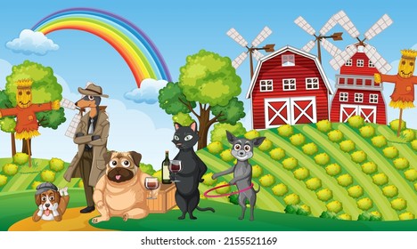 Set of different domestic animals in farm illustration