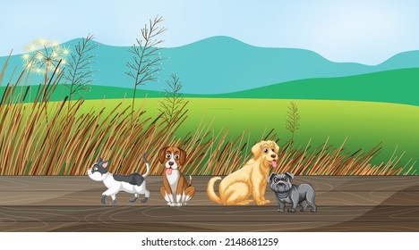 Set of different domestic animals in field illustration