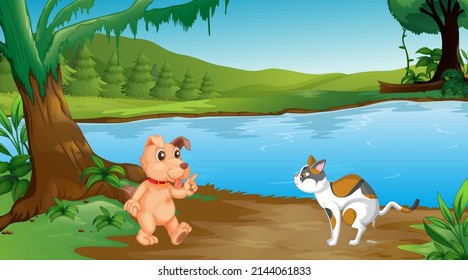 Set of different domestic animals in forest illustration