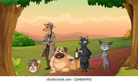 Set of different domestic animals in forest illustration