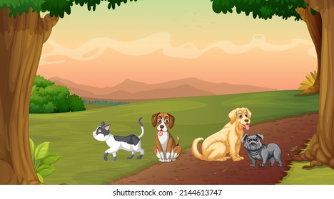 Set of different domestic animals in forest illustration