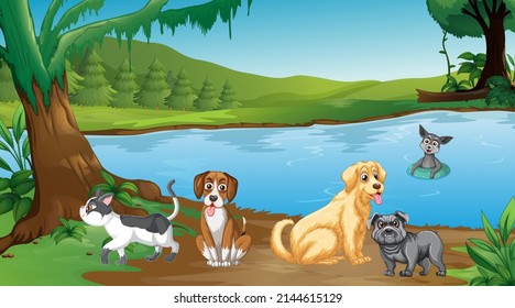 Set of different domestic animals in forest illustration