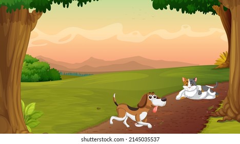 Set of different domestic animals in forest illustration