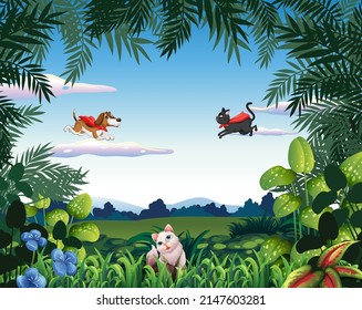 Set of different domestic animals in forest illustration