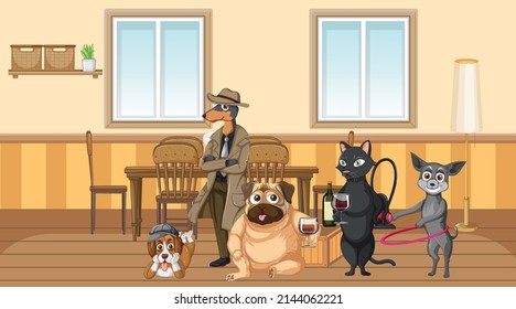 Set of different domestic animals in kitchen illustration