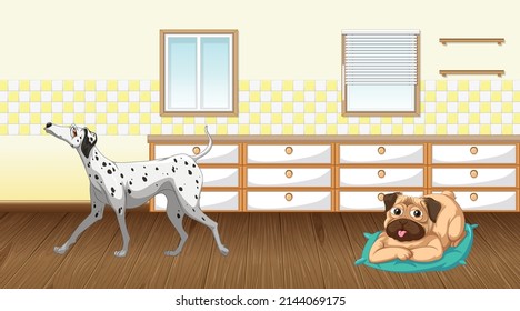 Set of different domestic animals in kitchen illustration