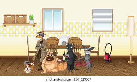 Set of different domestic animals in kitchen illustration