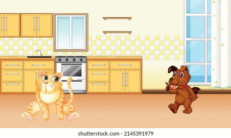 Set of different domestic animals in kitchen illustration