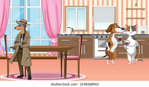 Set of different domestic animals in kitchen illustration