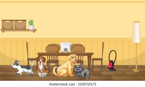 Set of different domestic animals in kitchen illustration