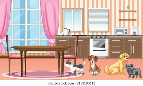 Set of different domestic animals in kitchen illustration