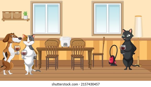 Conjunto de diferentes animales domésticos en la ilustración de la cocina