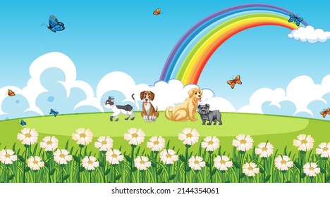 Set of different domestic animals in nature park illustration