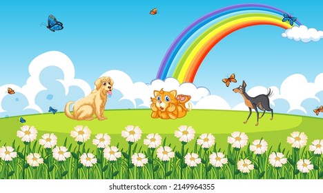 Set of different domestic animals in nature park illustration