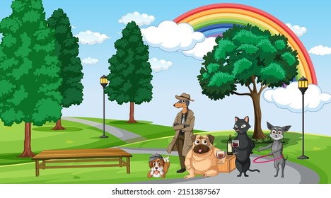 Set of different domestic animals in nature park illustration