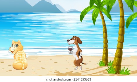 Set of different domestic animals on the beach scene illustration