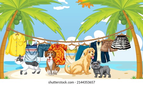 Reihe von verschiedenen Haustieren auf der Strandszene Illustration