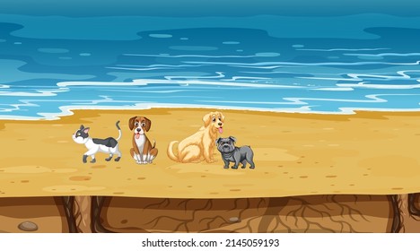 Set of different domestic animals on the beach scene illustration