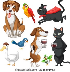 Set of different domestic animals on white background illustration