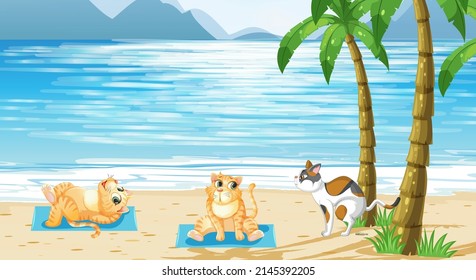 Set of different domestic animals on the beach scene illustration