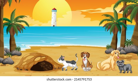 Set of different domestic animals on the beach scene illustration