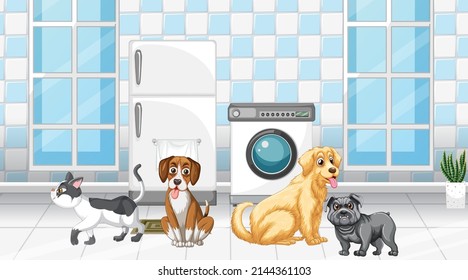 Set of different domestic animals in room illustration