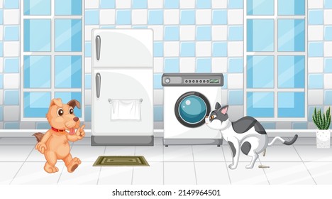 Set of different domestic animals in room illustration