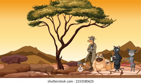 Set of different domestic animals in savanna field at sunset illustration