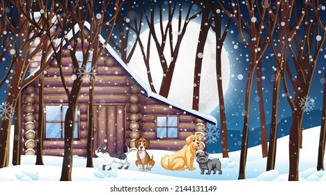 Set of different domestic animals with snow in forest illustration