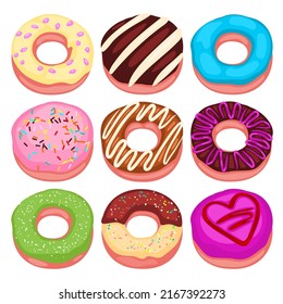 Set of different donut sweet bekery in cartoon style, vector illustration