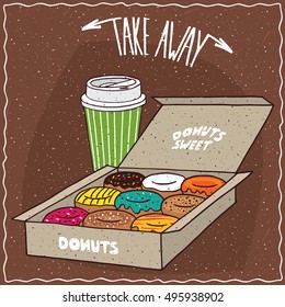 Set of different donuts in carton box and green paper cup of coffee. Take away kit for breakfast concept. Brown background. Handmade cartoon style. Vector illustration