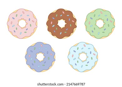 Set aus verschiedenen Donuts, überdachte Schokolade, rosa, grün und violett. Unterdrückung verschiedener Farben. Auf weißem, isoliertem Hintergrund.