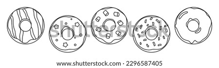 Set of different donuts doodle outline black and white vector illustration isolated on white background. Line doughnuts drawing collection.