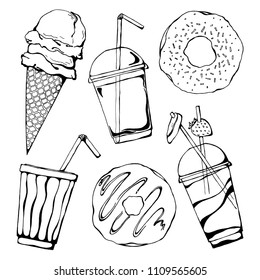 Set of different donuts and drinks. Vector illustration in sketch style.