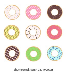 A set of different donuts on a white background. Doughnuts with colored icing. Vector illustration.