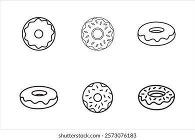 Set of different donuts outline black and white vector illustration isolated on white background. Line doughnuts drawing collection