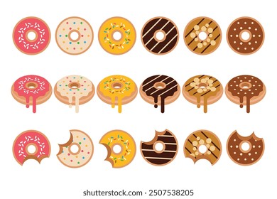 Set of different donuts top view set, slice of donut isolated on white background, Strawberry, white and dark chocolate, caramel, hazelnut chocolate, mango, isolated set collection, simple flat vector