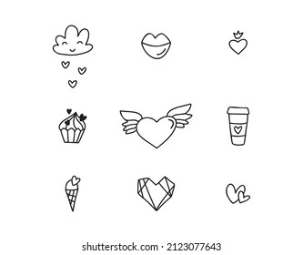 Set of different dooddle elements for wedding, Valentines Day and Kiss day design icon. Hand drawn monoline art cartoon vector illustration. Romantic element.