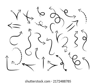 Conjunto de diferentes flechas de doodle. Señales de dirección dibujadas a mano, punteros curvados y líneas onduladas. Elementos de diseño para sitios web, afiches y aplicaciones. Colección vectorial plana de dibujos animados aislada en fondo blanco