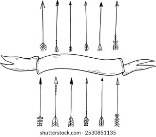 a set of different doodle arrows with ribbon. sketches of bow arrows