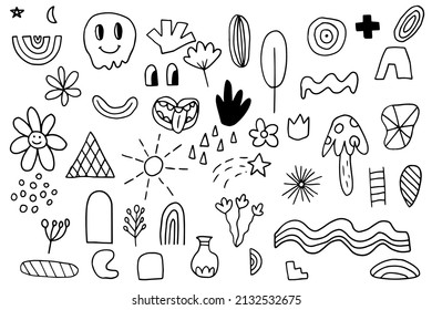 Set of different doodle boho bogemian shapes. Elements for postcard, pattern, decoration. Clip art hand drawn hippie free forms. Tattoo template.