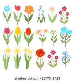 Set of different doodle bright flowers spring or summer on white background. Cute flowers for decor vector illustration