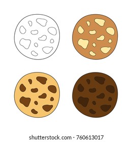 Set of different doodle chocolate chip cookies isolated on white background.